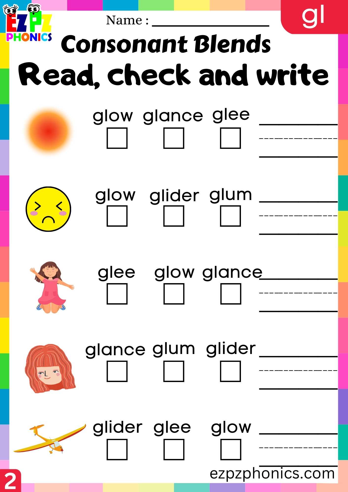 Group2 GL Words Read, Check And Write Phonics Consonant Blends Worksheet